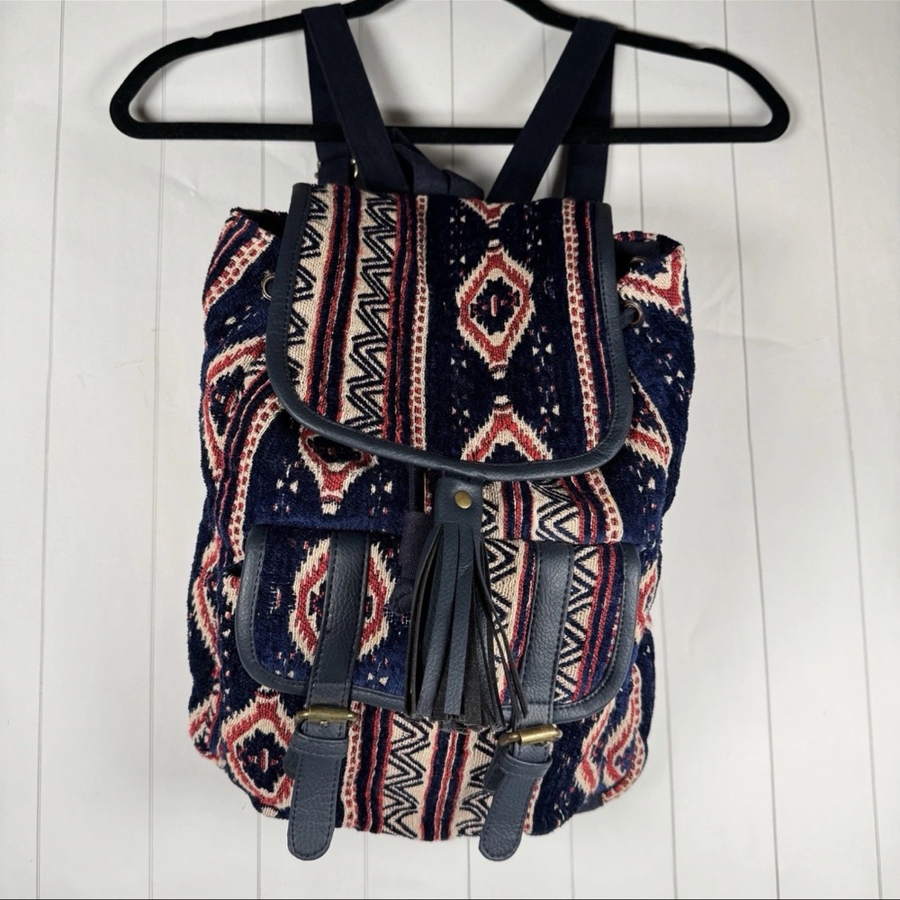 Southwestern Backpack Tasseled Jacquard Aztec Tribal Travel School Book Bag Blue